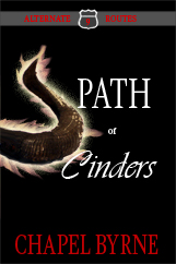 Path of Cinders cover: a dark, burnt shape, maybe a path or maybe a horn, traced in fire