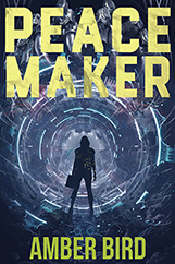 Peace Maker cover: a silhouette wearing a hoodie and boots, carrying a boxy container in her left hand, stands in front of a mechanical tunnel segmented by rings of blue-ish light